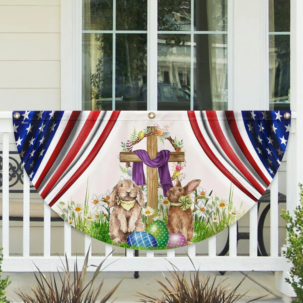Happy Easter, Christian Cross, Bunny Easter Non-Pleated Fan Flag