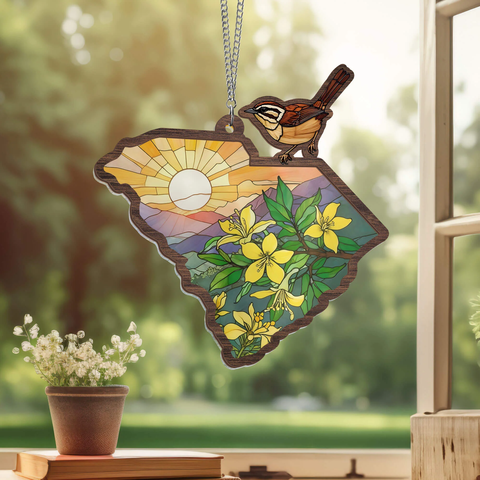 South Carolina Yellow Jessamine Flower and Carolina Wren Bird 2 Layered Hanging Suncatcher 3-Day Shipping