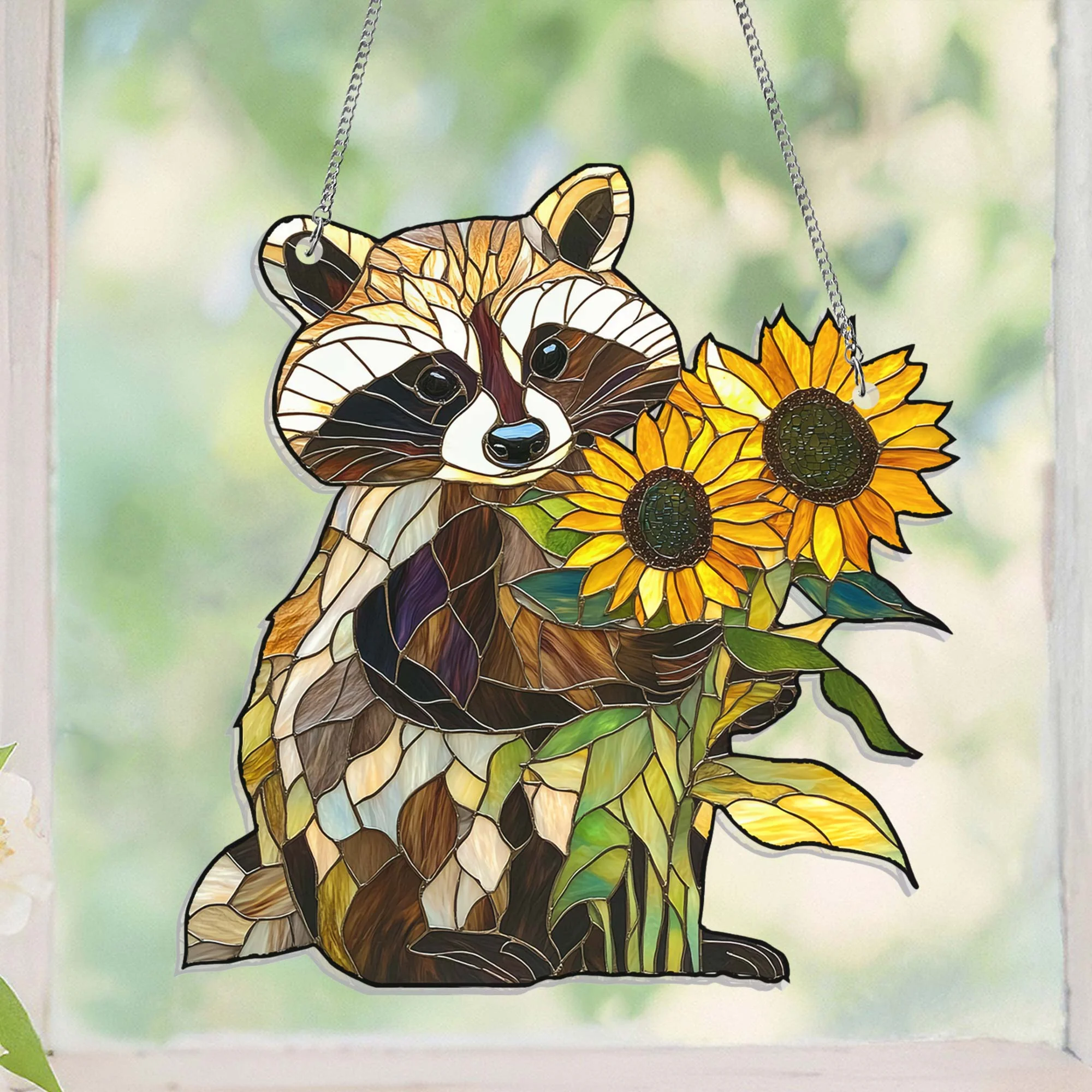 Raccoon Sunflowers Suncatcher Acrylic Hanging Home DecorTQN4339AS