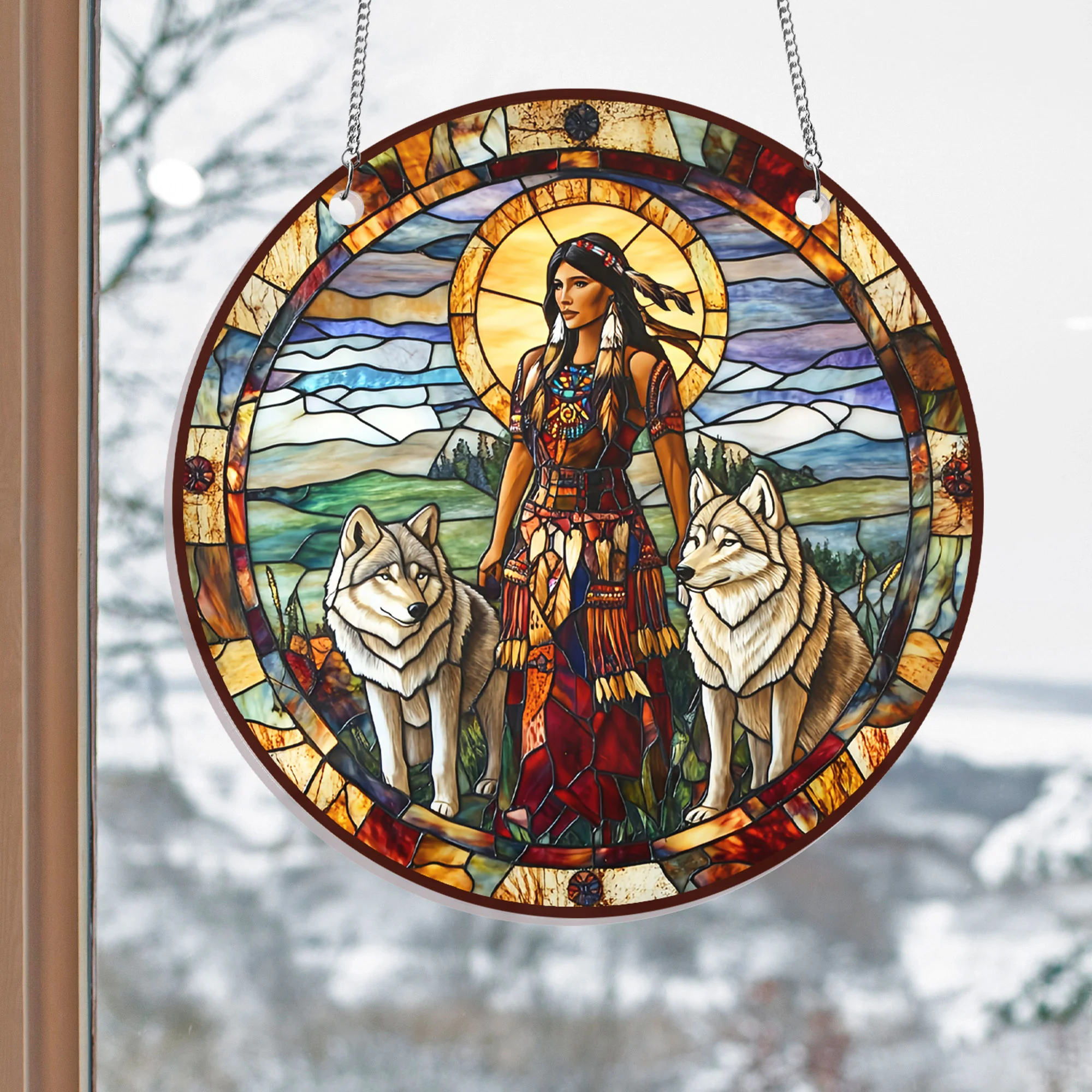 Native American Wolf Suncatcher Acrylic Hanging Sign