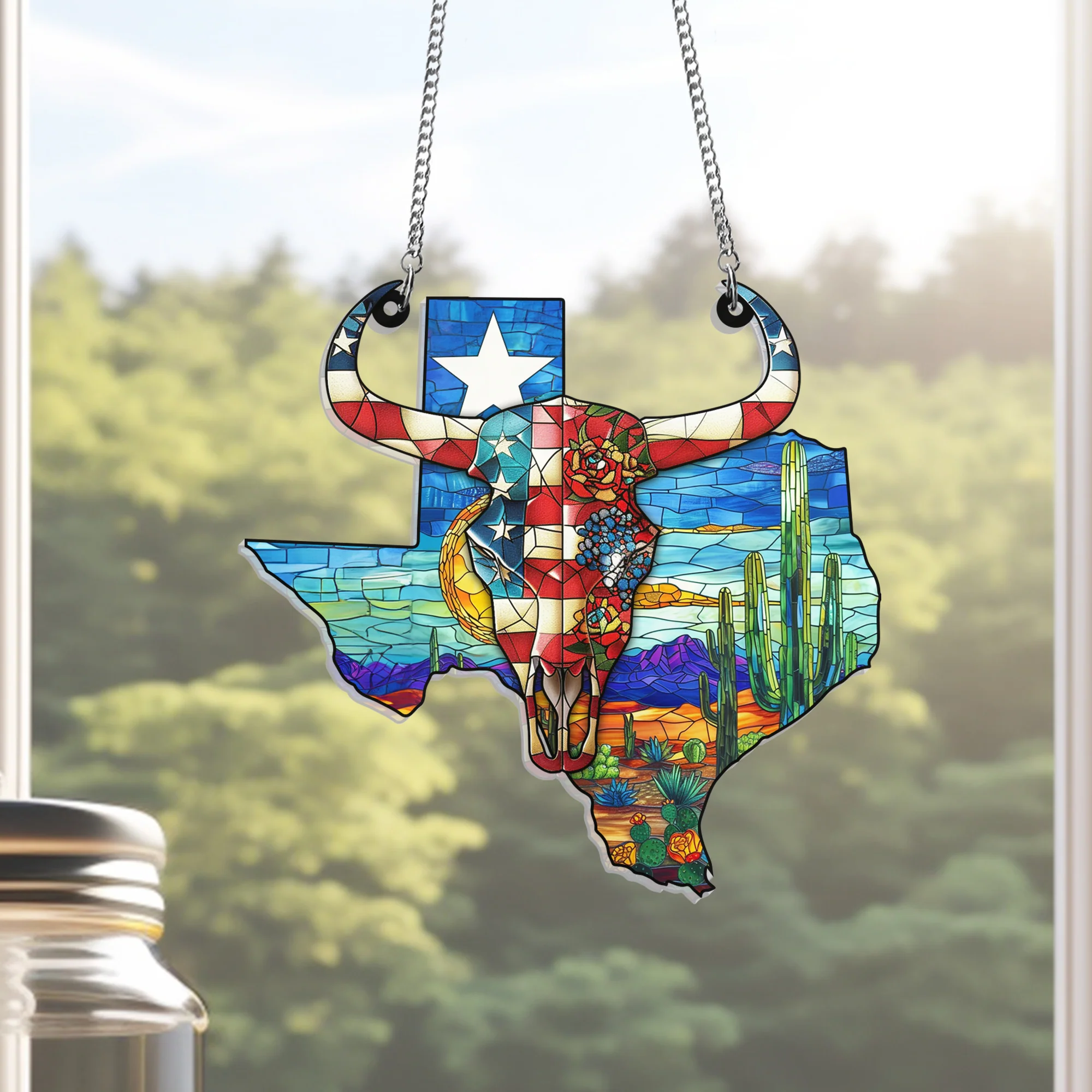 Texas America Map Suncatcher - Acrylic Hanging Gift with Skull Cow Design for Western Decor VTM297ASn