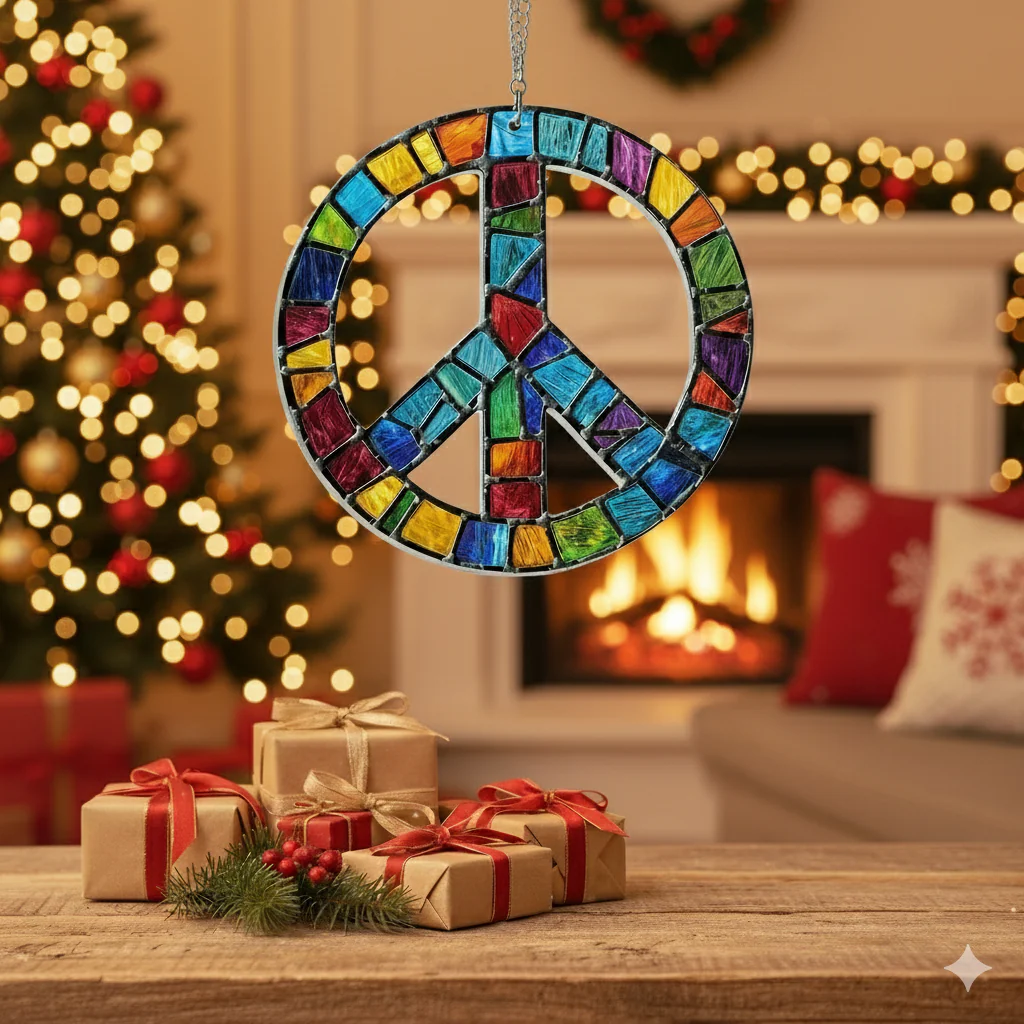 Peace & Love Christmas Ornament – Woodstock Hippie Acrylic Suncatcher, Retro Boho Holiday Decor Gift