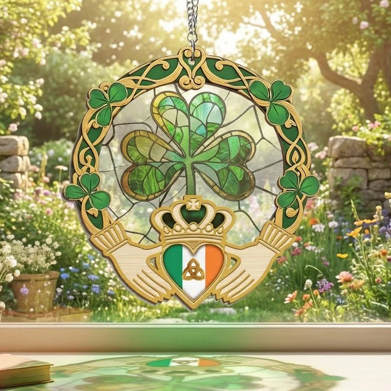 Irish Shamrock Claddagh Window Suncatcher – 2 Layer Hanging Ornament, Unique Irish Gift for Home & Friends 3-Day Shipping