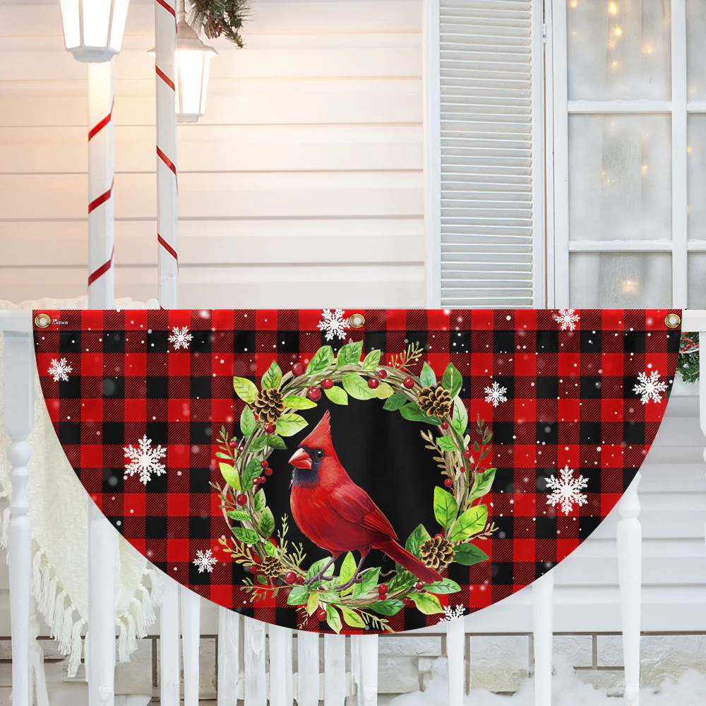 Cardinal Bird Christmas Plaid Non-Pleated Fan Flag