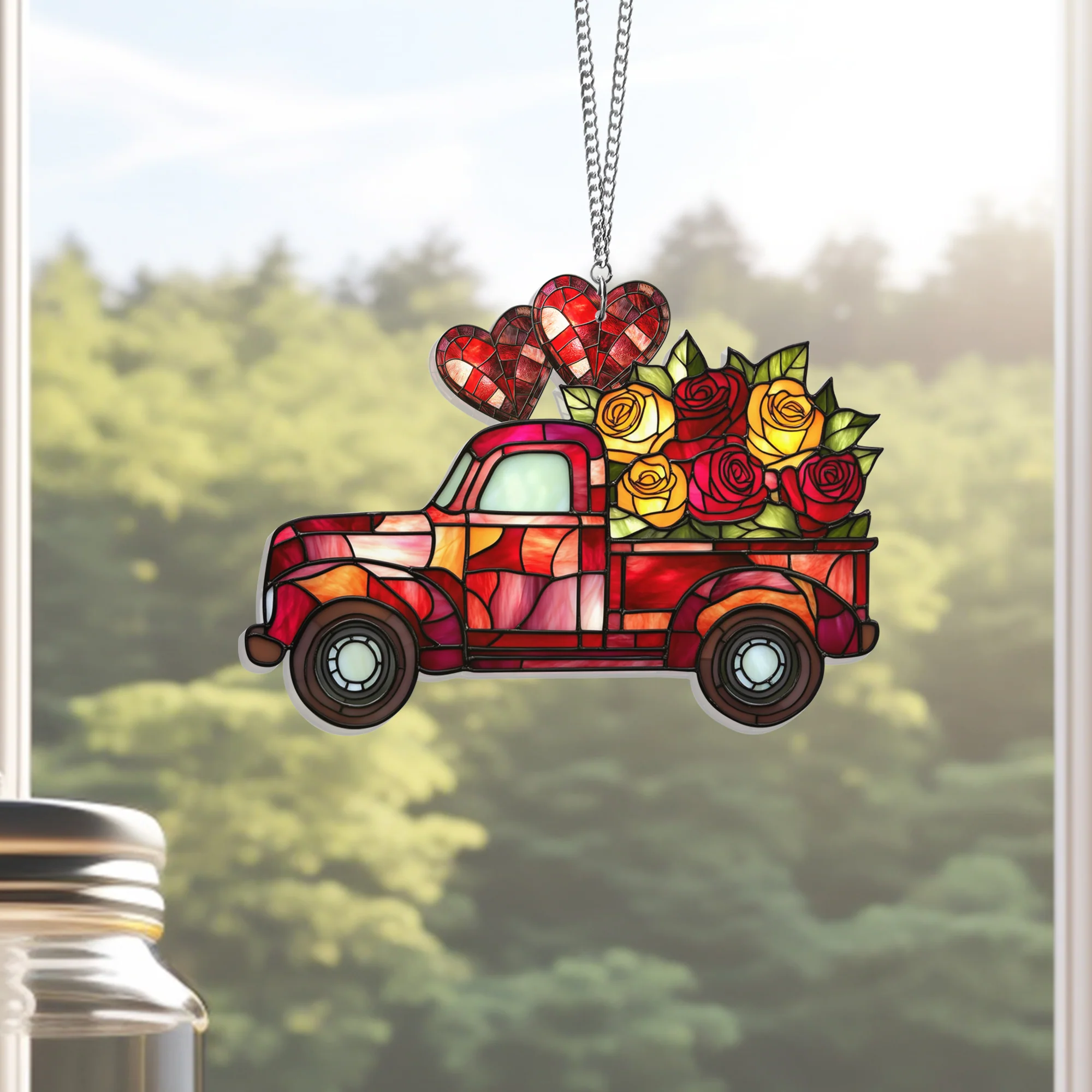 Valentine’s Gifts Red Truck With Roses Acrylic Suncatcher Hanging Sign