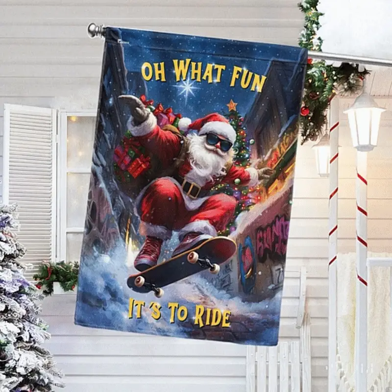 Cool Santa Christmas Flag | Skateboarding Santa Flag for Holiday Decor