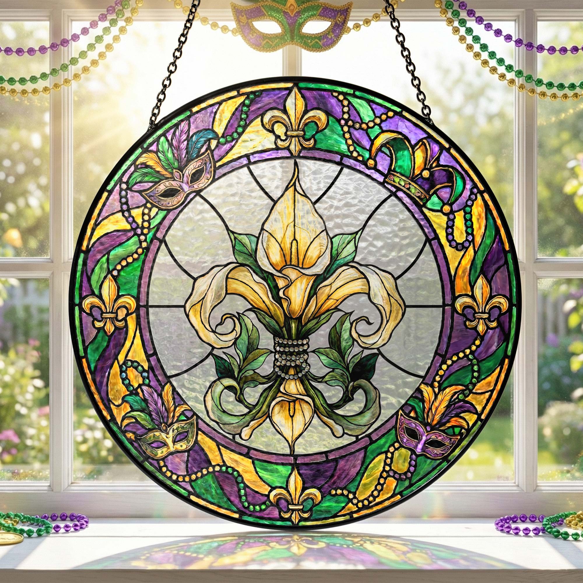 Mardi Gras Suncatcher, Stained glass Fleur de Lis Carnival Gift Decor