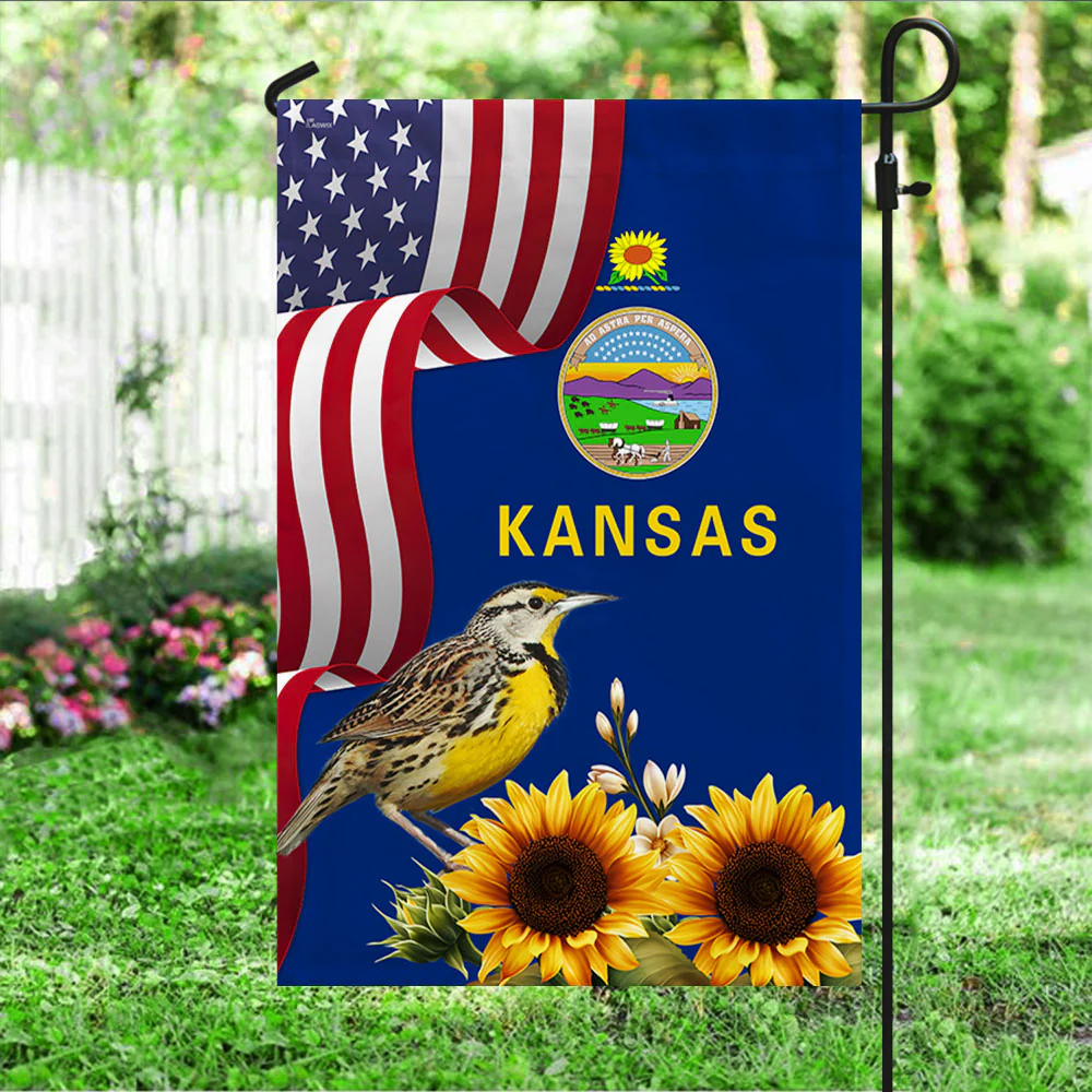 Kansas State Sunflower and Meadowlark Bird Flag MLN1141Fv5 3-Day Shipping