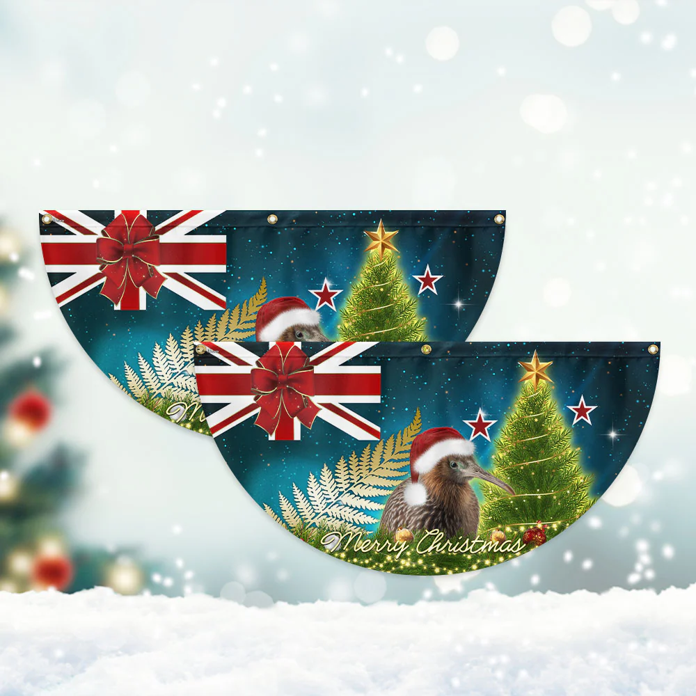 New Zealand Christmas Kiwi Bird and Fern Non-Pleated Fan Flag