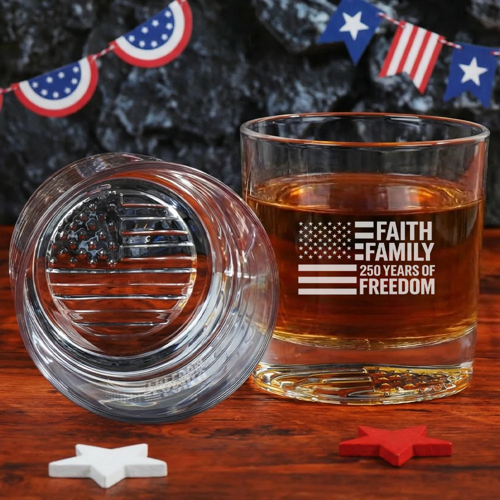 Faith Family 250 Years of Freedom 1776 2026 Engraved American Whiskey Glass