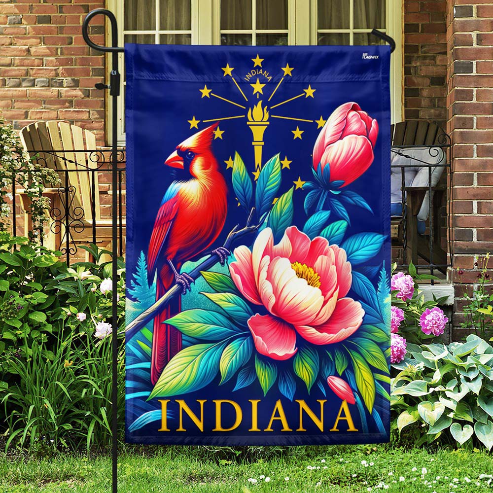 Bimipi  Indiana State Symbols Cardinal and Peony Flower Flag