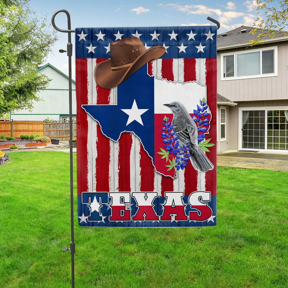 Texas Bluebonnet and Mockingbird American Flag