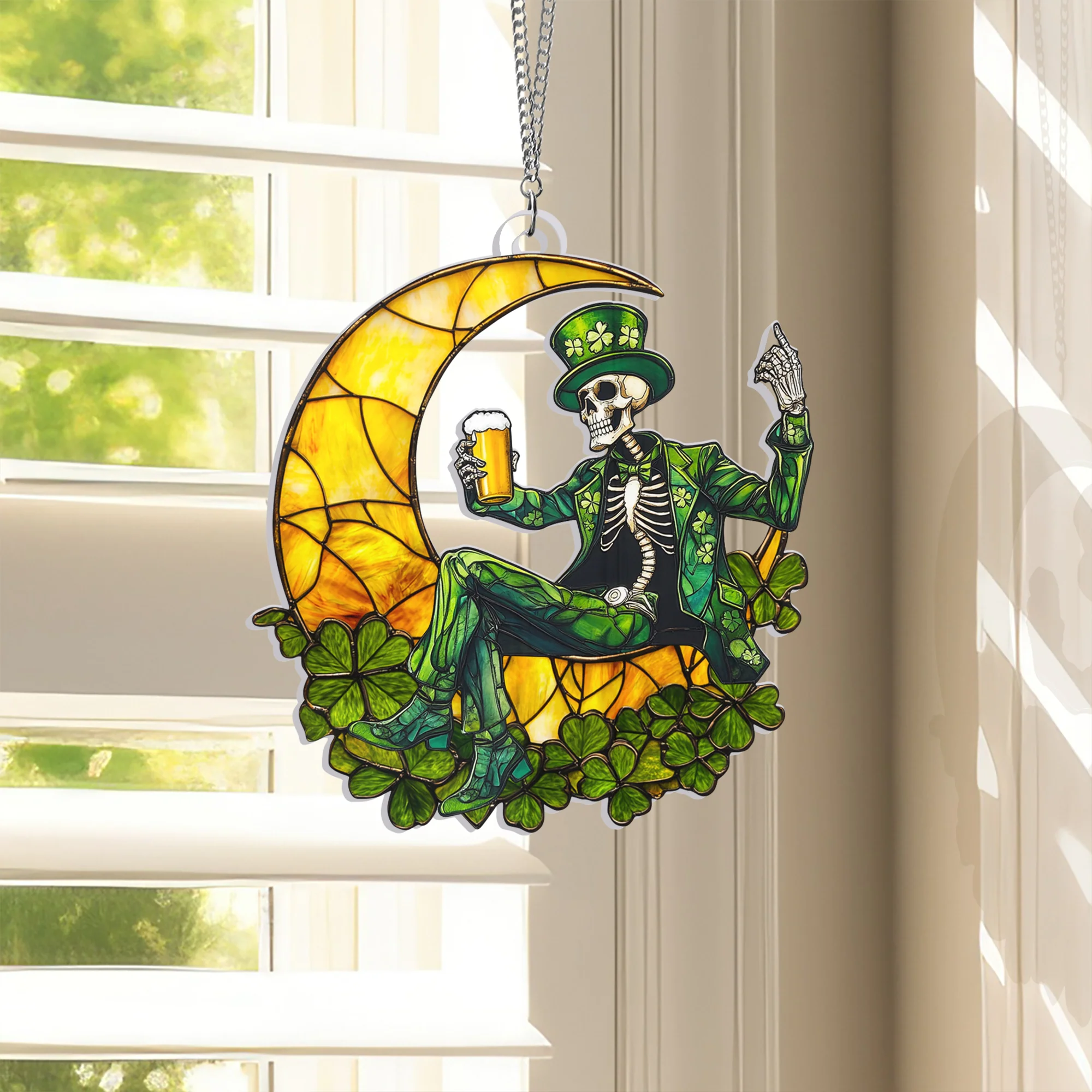 St Patrick's Day Skeleton On Moon Suncatcher Acrylic Hanging Sign
