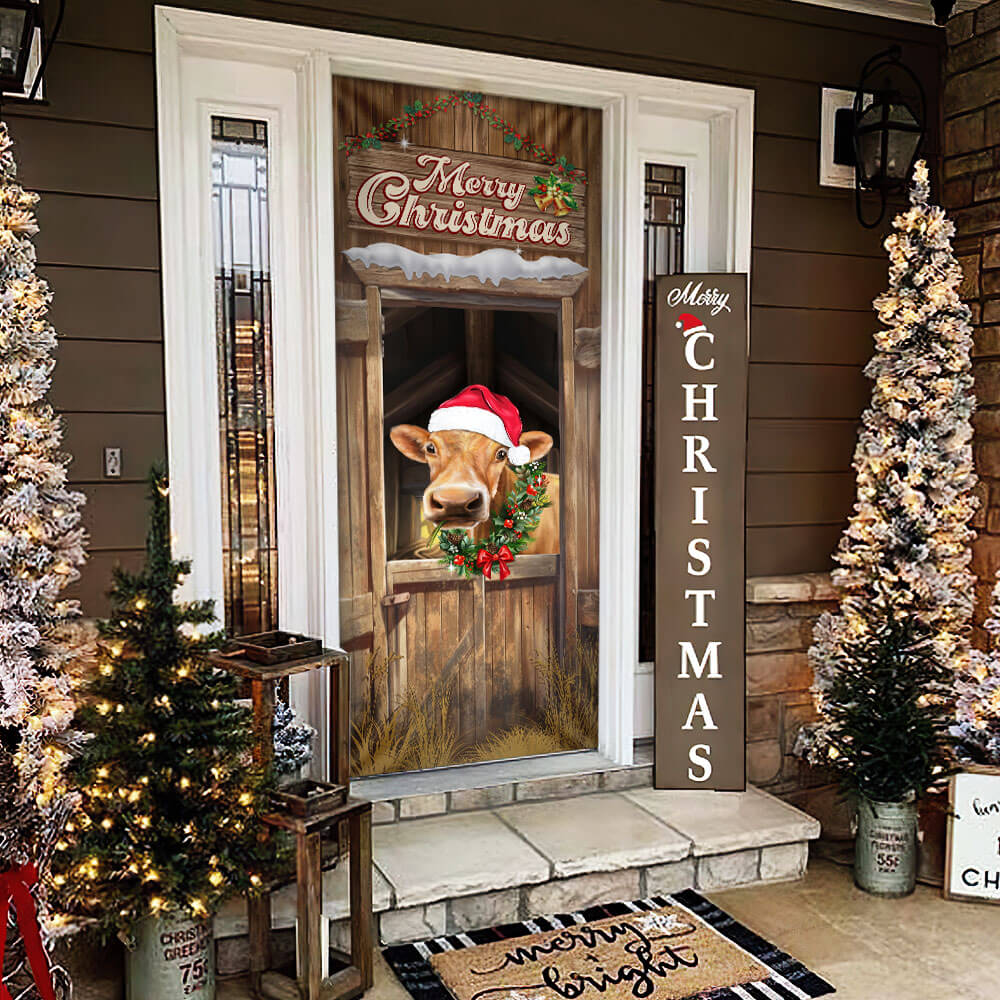 Funny Cow Cattle Merry Christmas Door Cover, Farm Decor