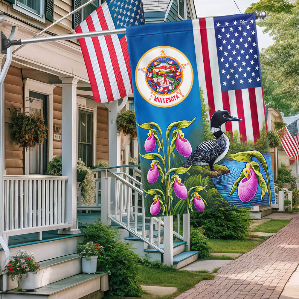 Minnesota State Lady’s Slipper Flower and Loon Minnesota American Flag
