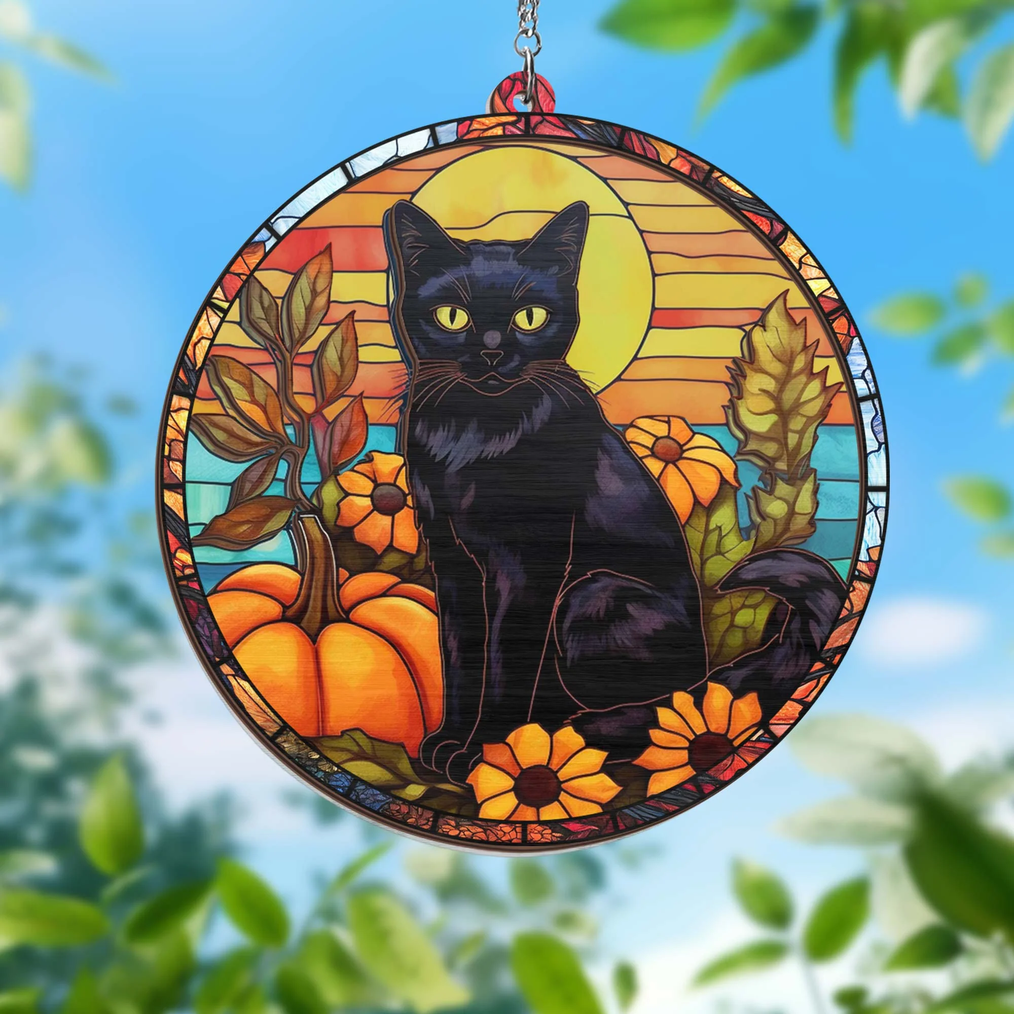 Black Cat Halloween 2 Layered Hanging Suncatcher