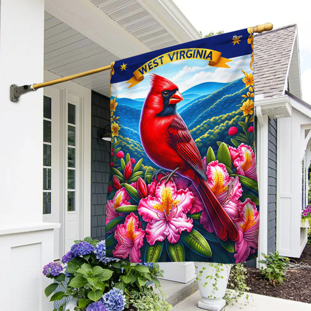 West Virginia Cardinal on a Blooming Rhododendron Branch with  Appalachian Mountains Flag