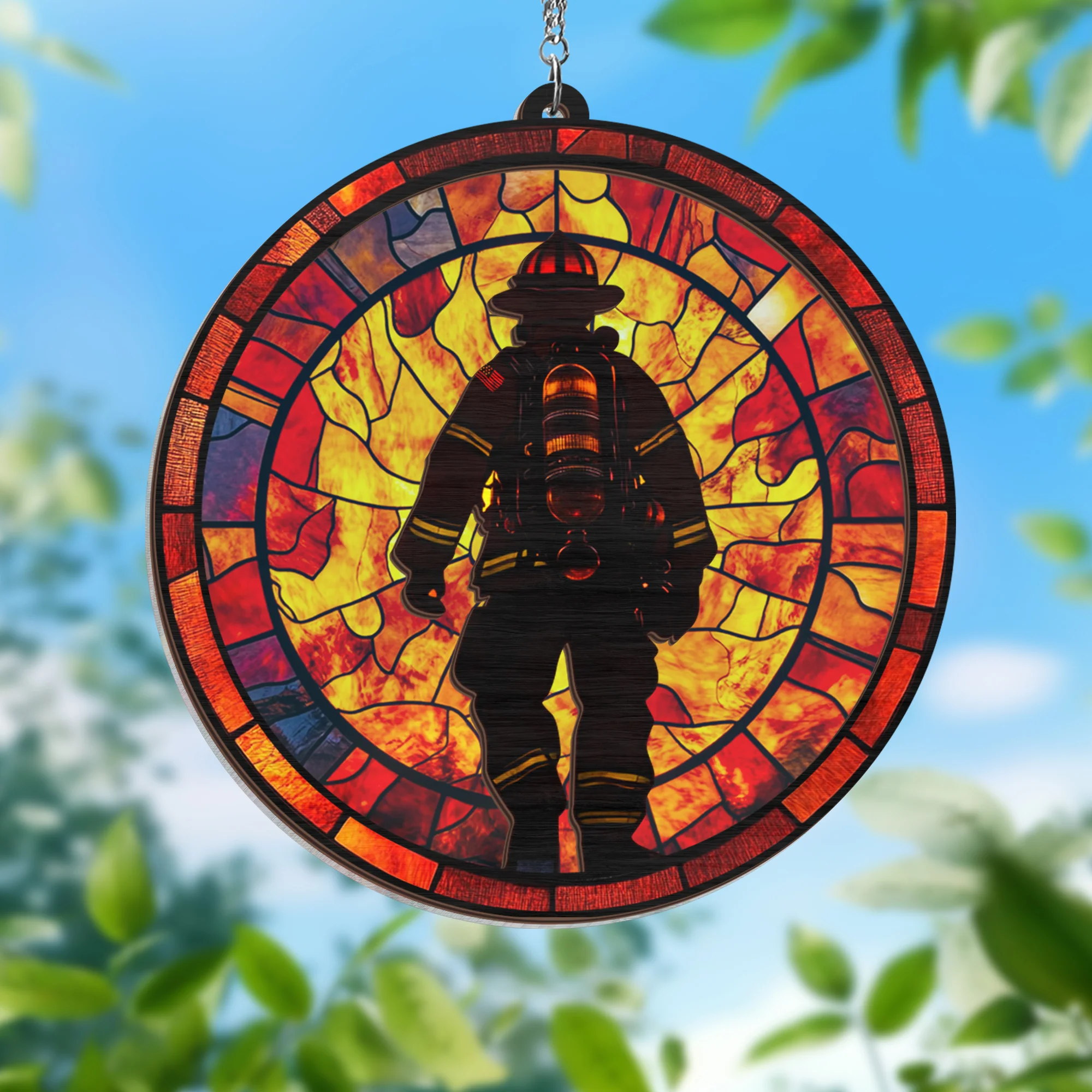 Firefighter Suncatcher Patriotic 9/11 Tribute Gift, Retired Fireman Memorial Ornament, First Responder Window Decor, Never Forget Hanging Decoration
