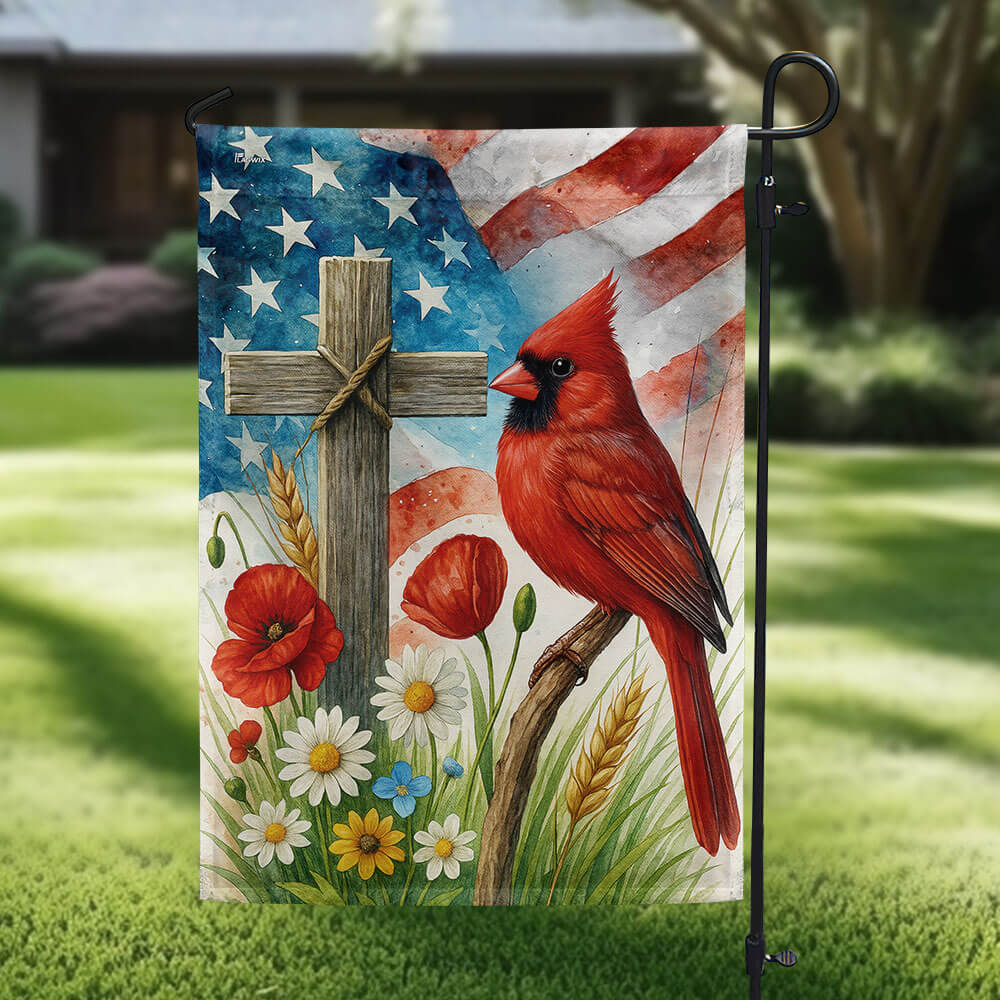 Memorial Cardinal Christian Cross American Flag