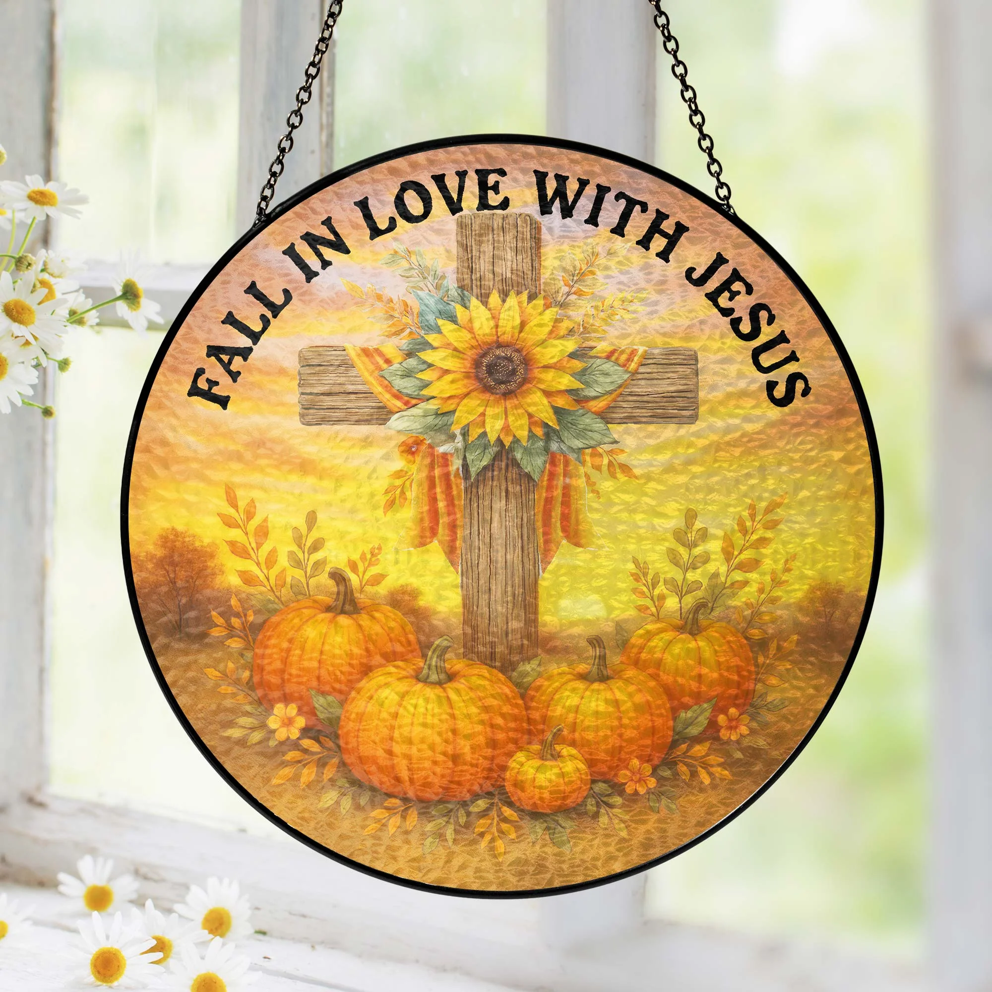 Fall In Love With Jesus Cross Pumpkin Autumn Stained Glass Suncatcher