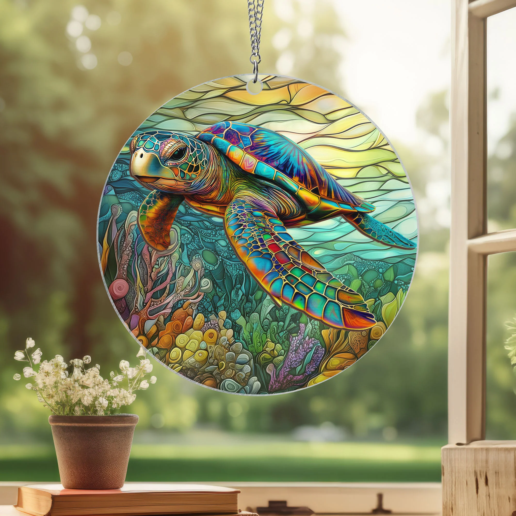 Swimming Sea Turtle 2 Layered Hanging Suncatcher 3-Day Shipping