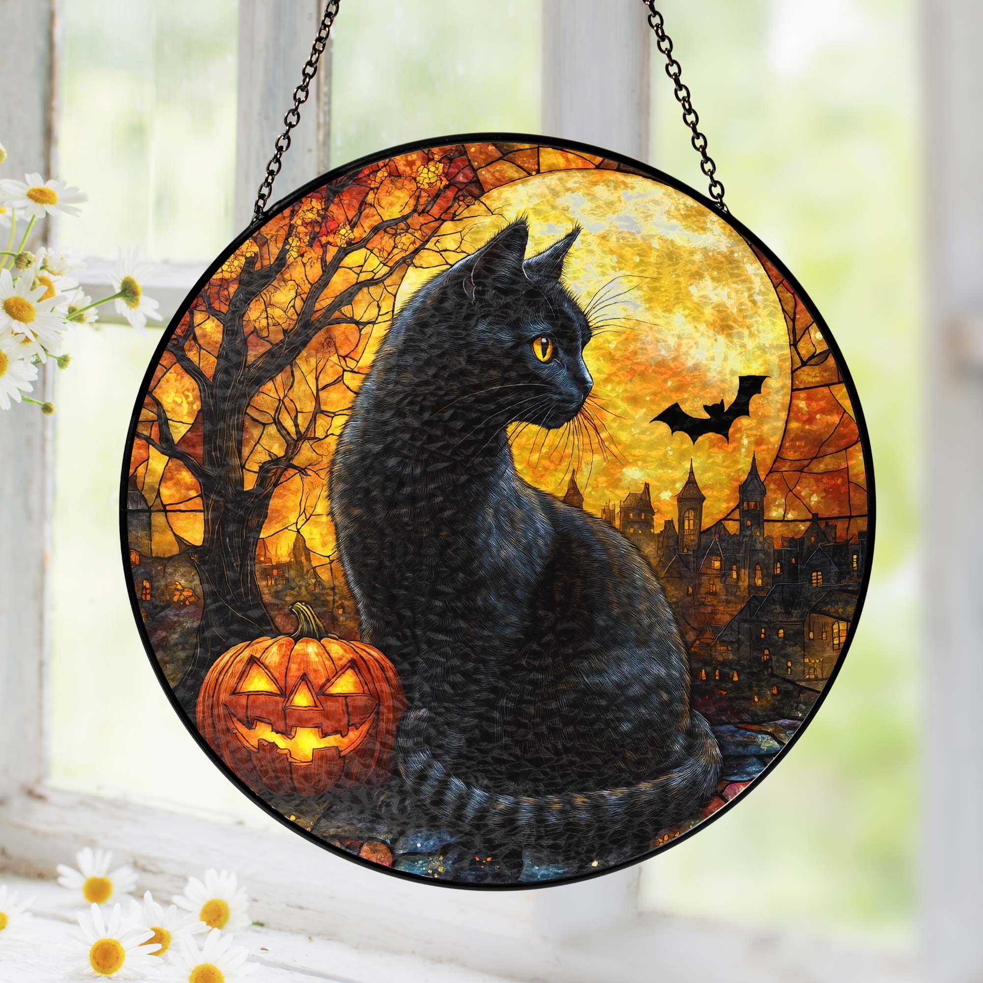 Black Cat Halloween Pumpkins Stained Glass Suncatcher 3-Day Shipping