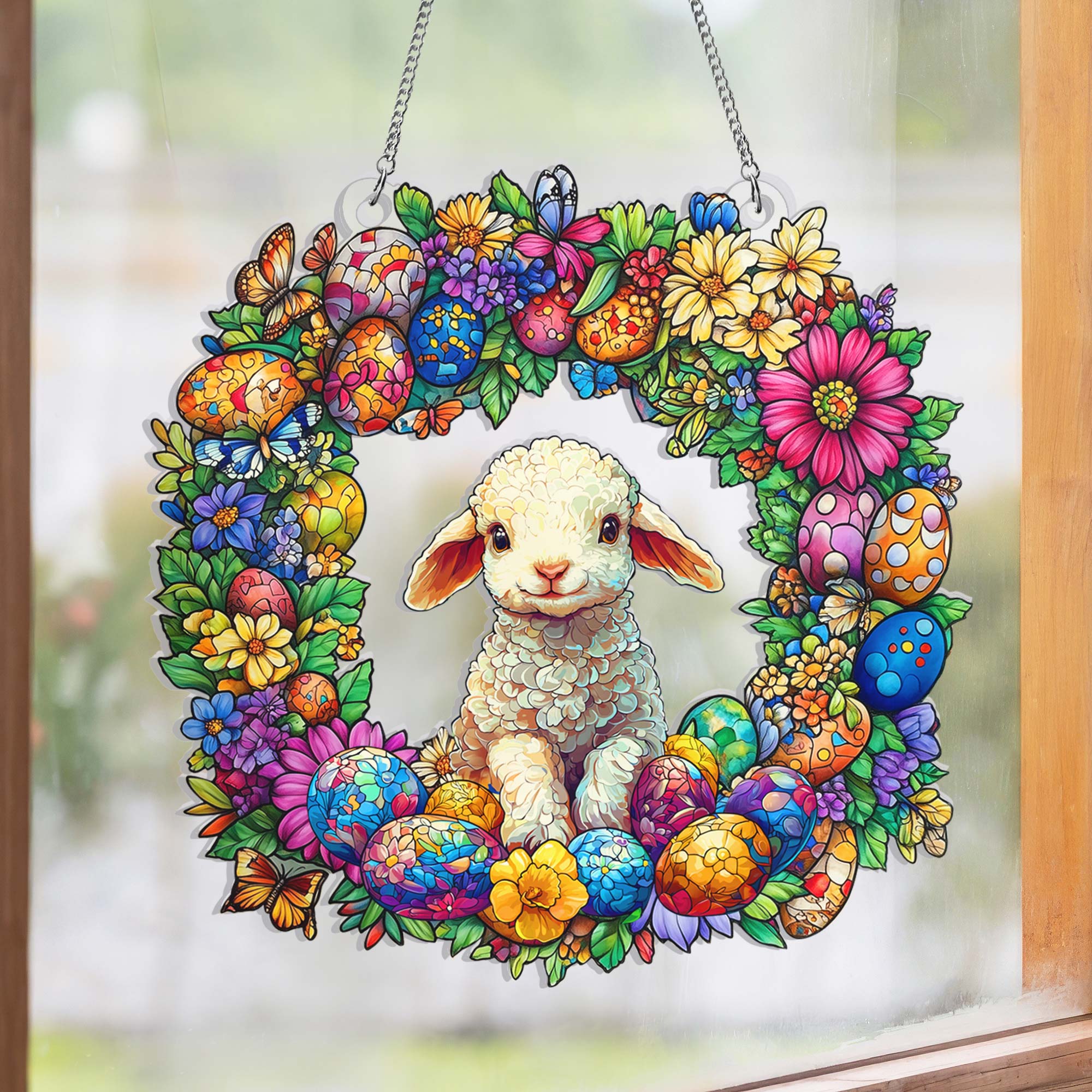 Easter Lamb Wreath Easter Eggs Suncatcher Acrylic Window Hangings