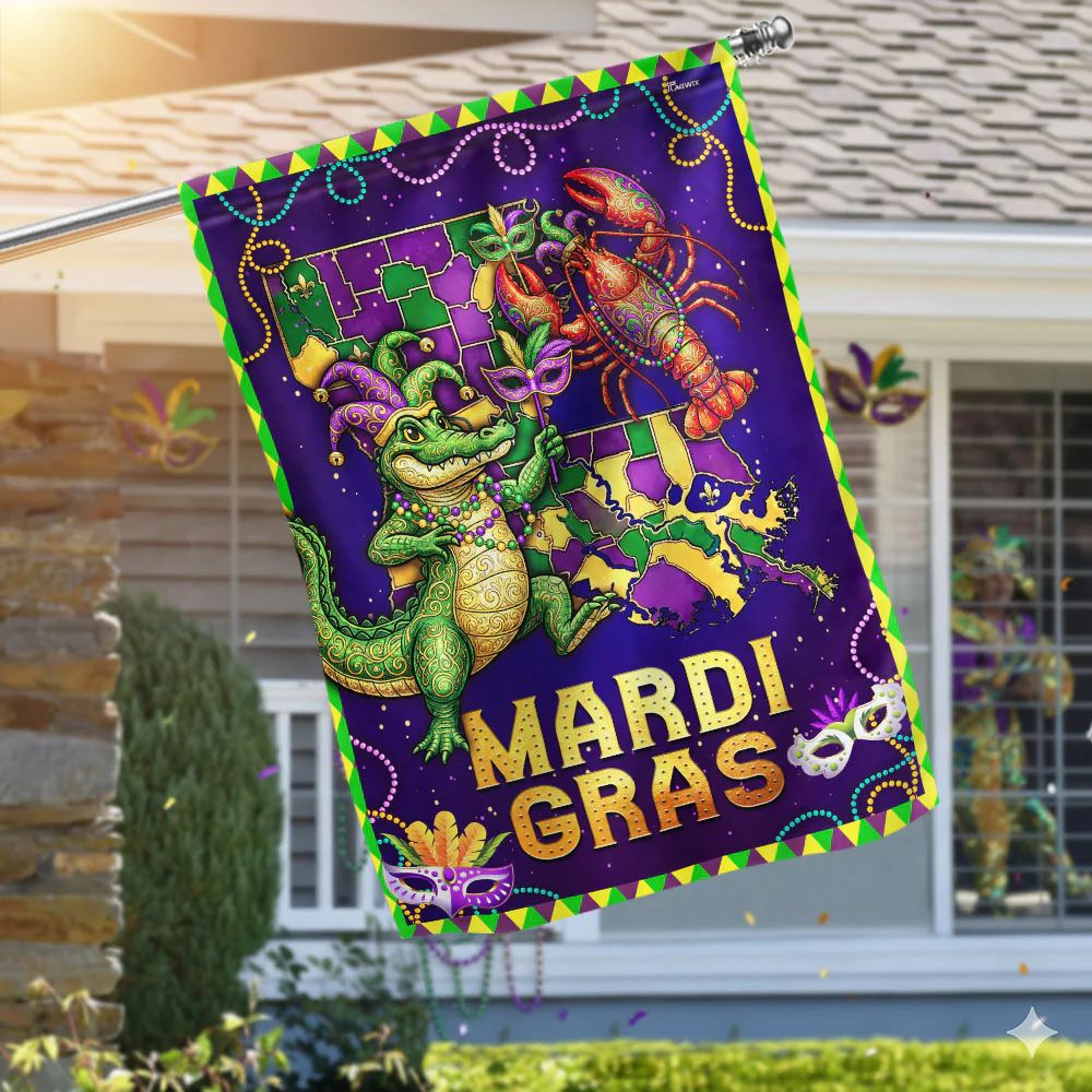Louisiana Mardi Gras Flag, Alligator Crawfish NOLA Holiday Decor