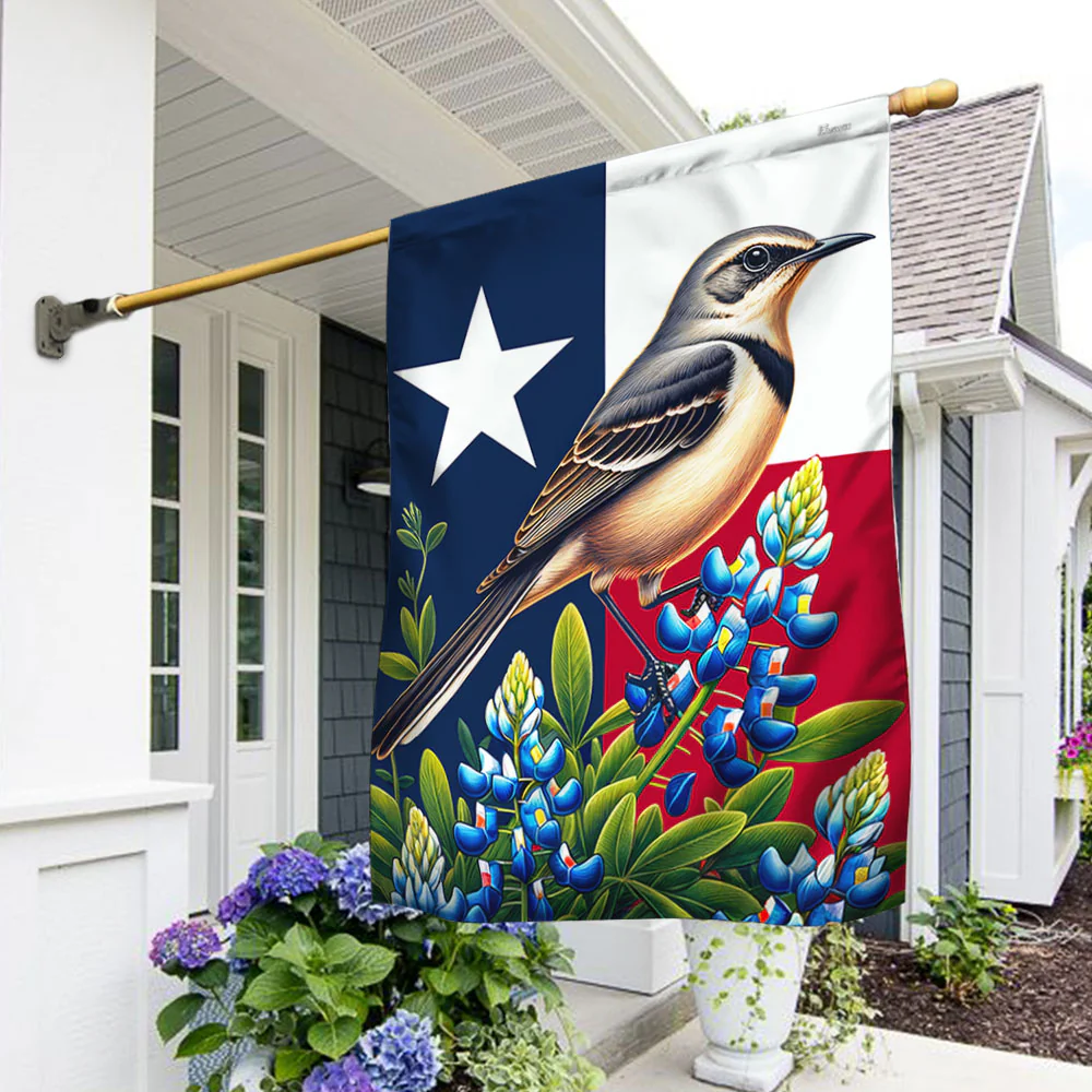 Texas State Mockingbird and Bluebonnet Flower Flag