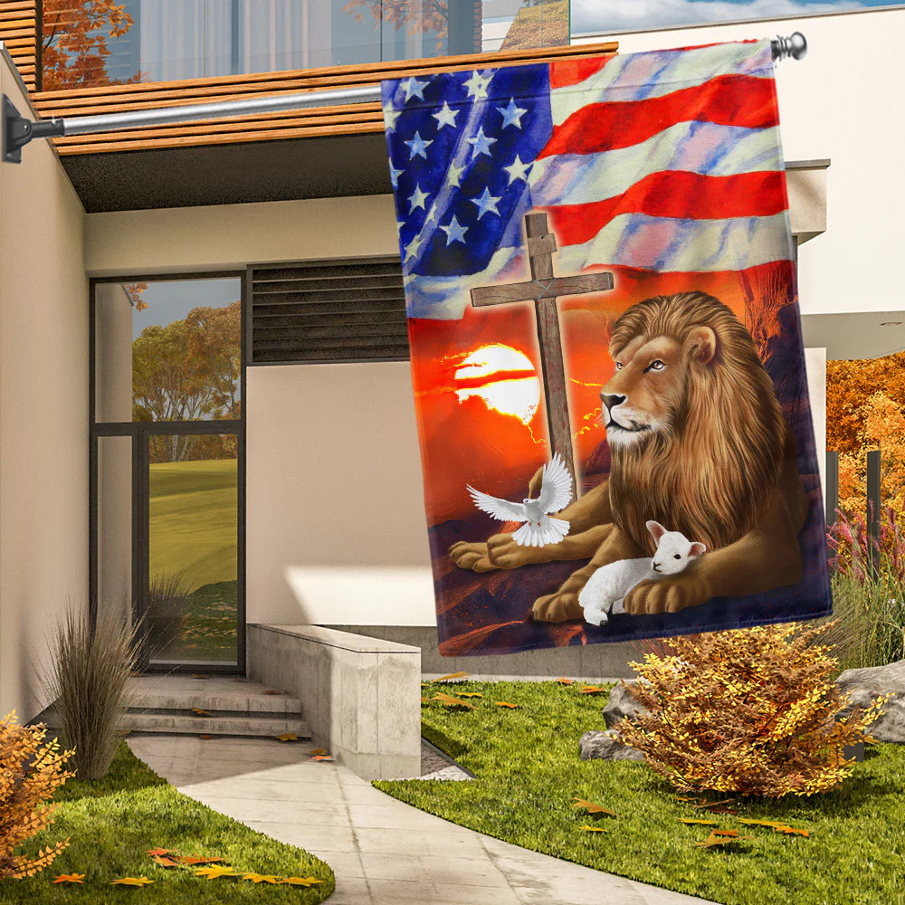 Lion and Lamb Christian Cross American Flag