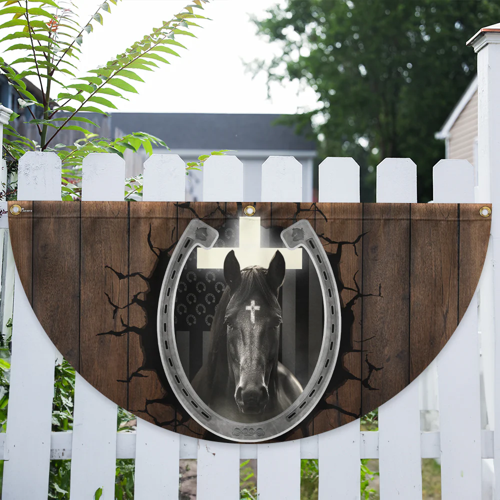 Horse Hoof Print Christian Cross Horse Non-Pleated Fan Flag