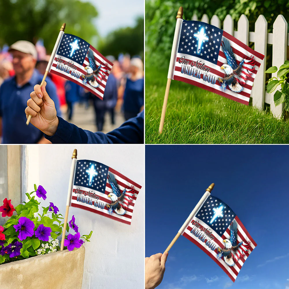 One Nation Under God Flag, Patriotic with Eagle Handheld American Flag
