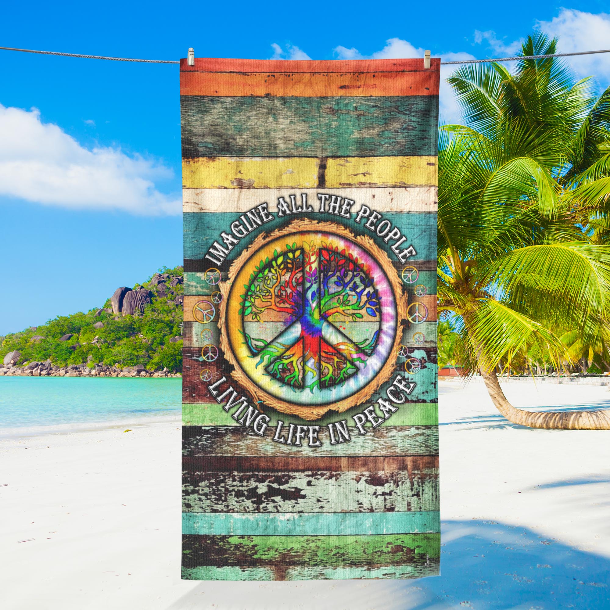 Hippie Peace Sign, Imagine All The People Living Life In Peace Beach Towel