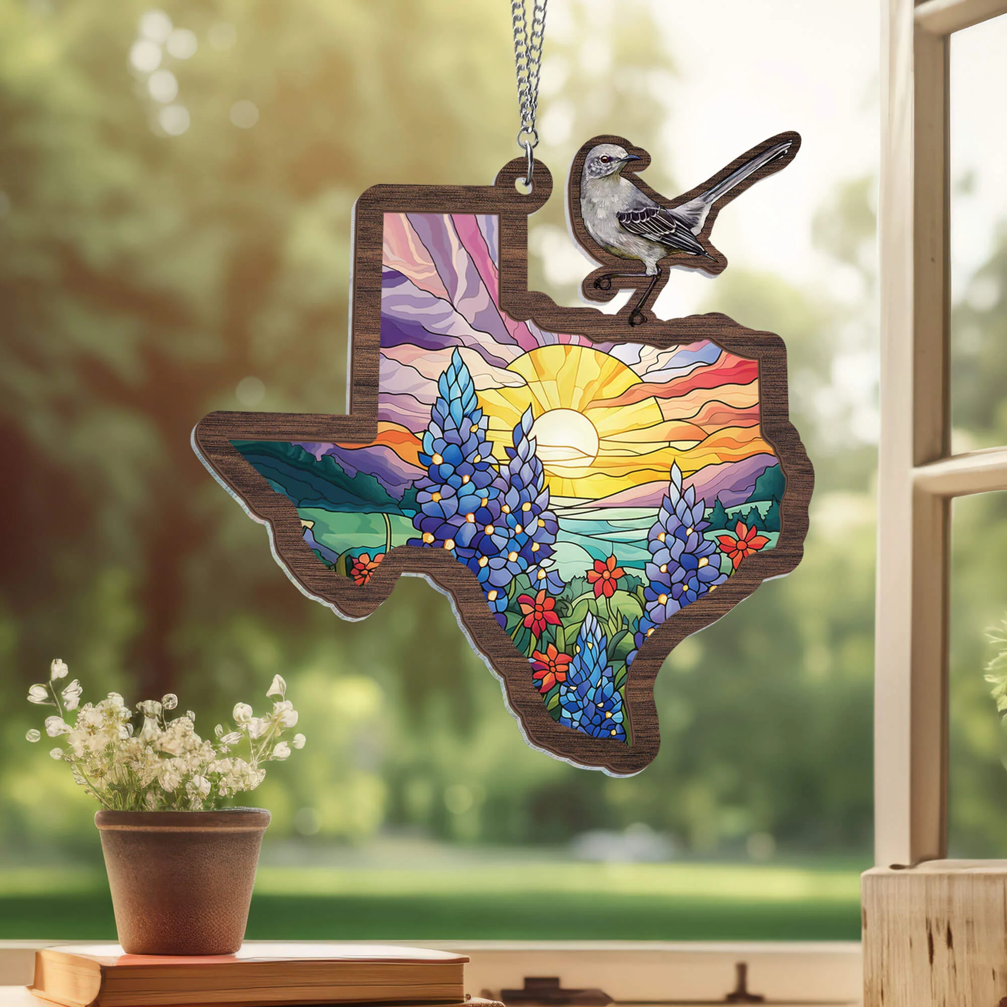 Texas with Northern Mockingbird and Bluebonnet, Texas 2 Layered Hanging Suncatcher