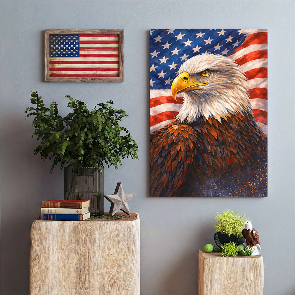 Patriotic Eagle with Painting American Flag Canvas Wall Art Decor