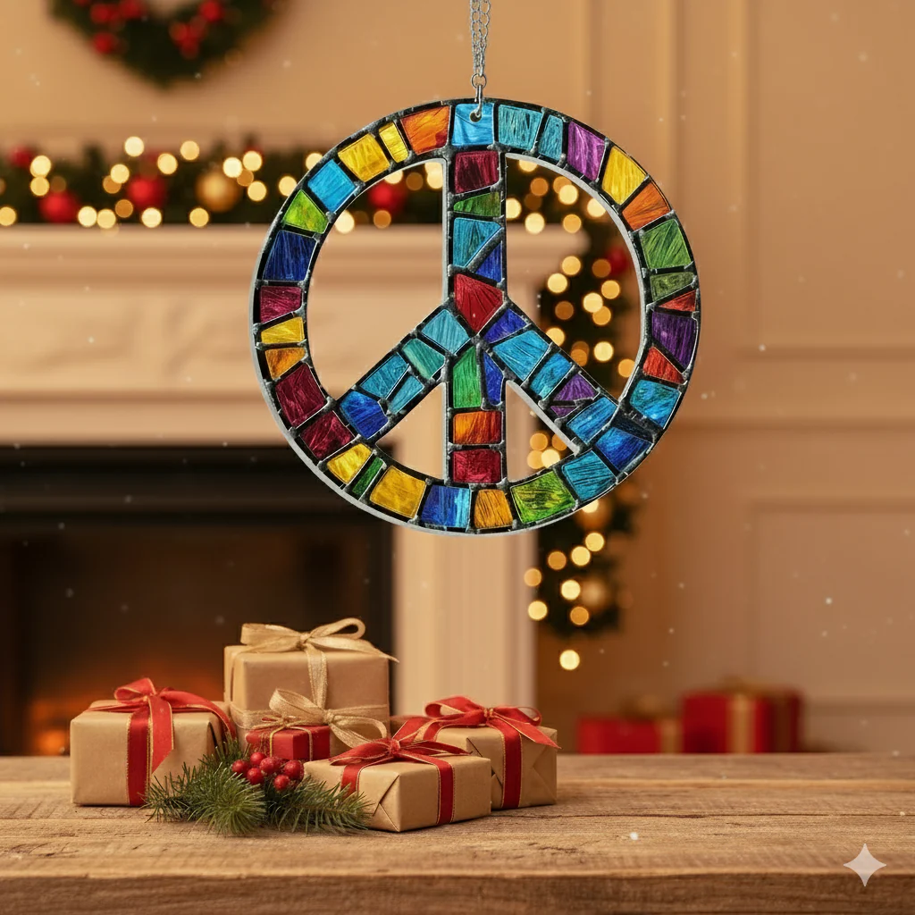 Peace & Love Christmas Ornament – Woodstock Hippie Acrylic Suncatcher, Retro Boho Holiday Decor Gift