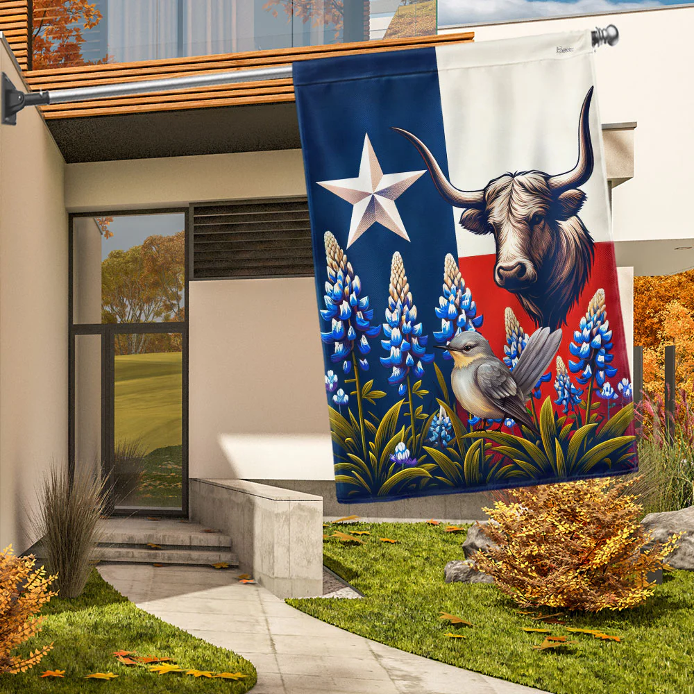 Bimipi  Texas Lone Star State Flag Longhorn Mockingbird and Bluebonnet Flag