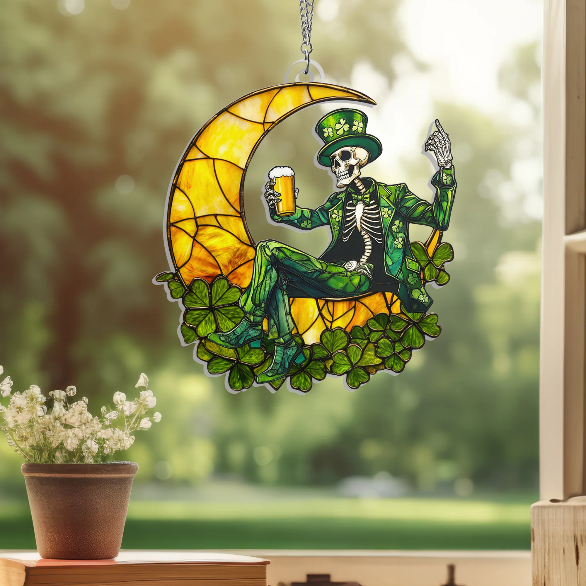 St Patrick's Day Skeleton Suncatcher Acrylic Hanging Sign