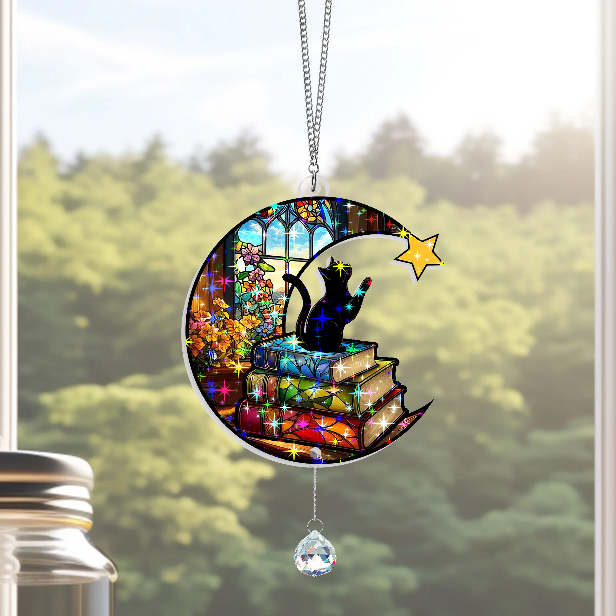 Cat Book Reading Cat Bookish Gift Hologram Window Hanging
