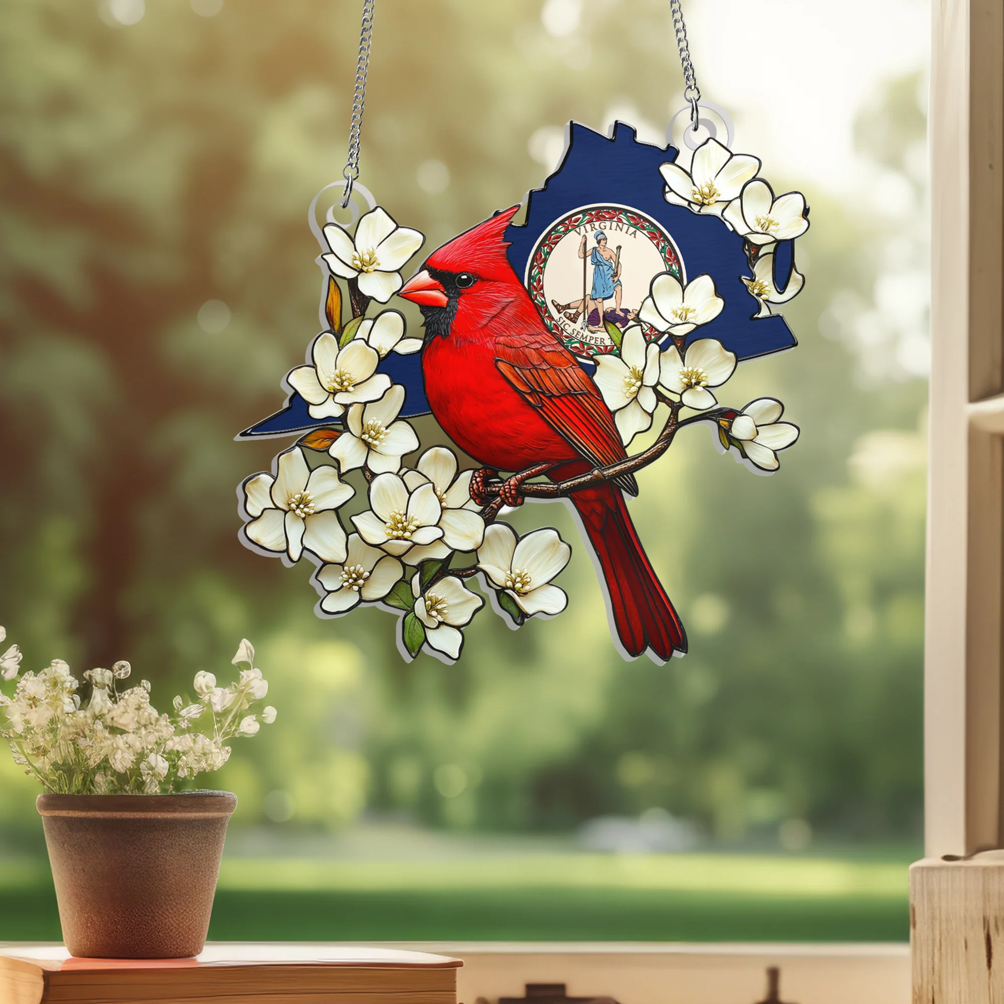 Virginia Cardinal & Flowering Dogwood Suncatcher - Hanging Sign Gift for State Pride & Nature Enthusiasts