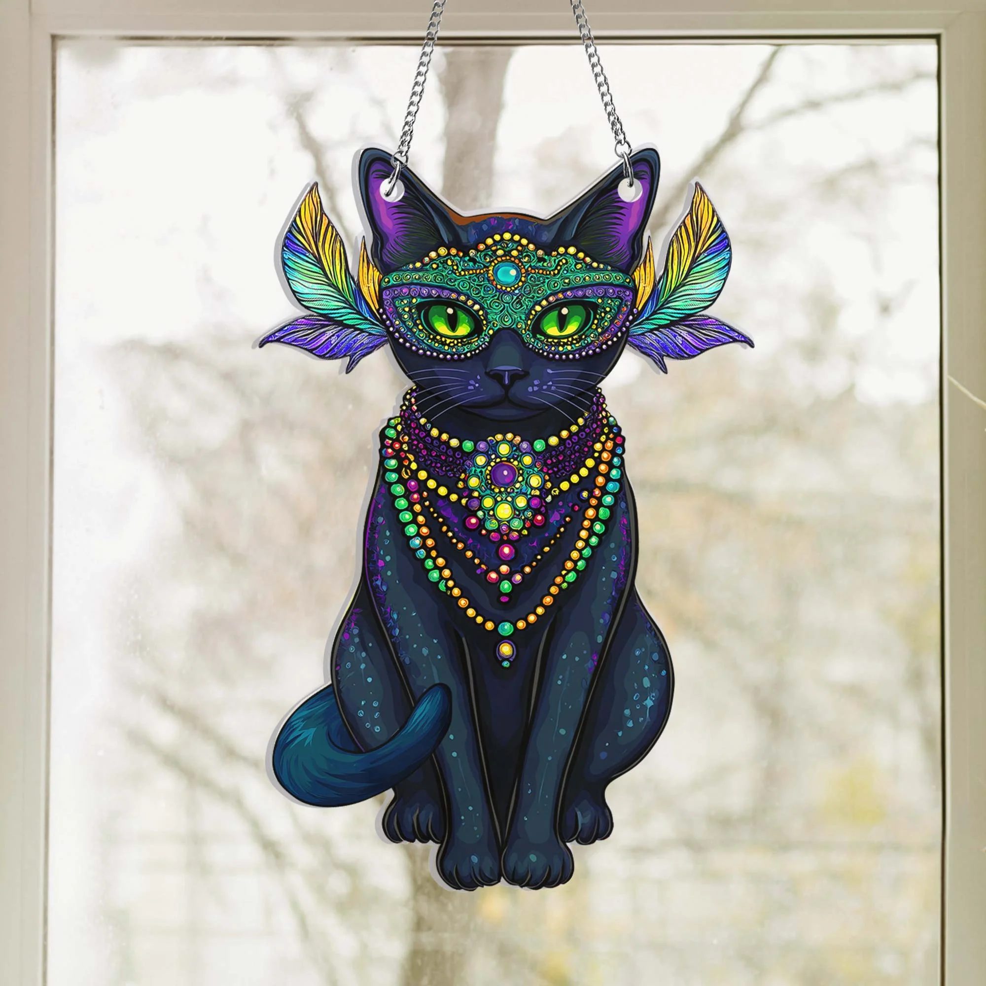 Black Cat Mardi Gras Suncatcher Acrylic Hanging Sign
