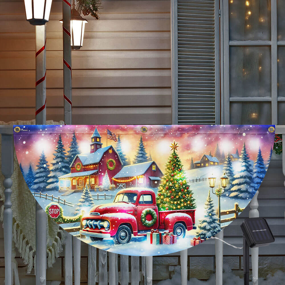 Red Truck Christmas Countryside  Winter Holidays Solar Led Fan Flag