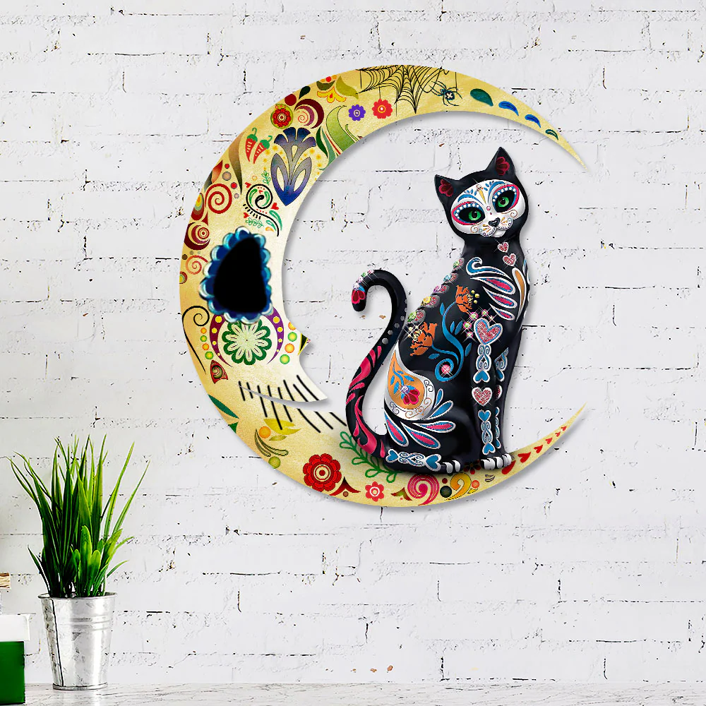 Cat On The Moon Sugar Skull Hanging Metal Sign
