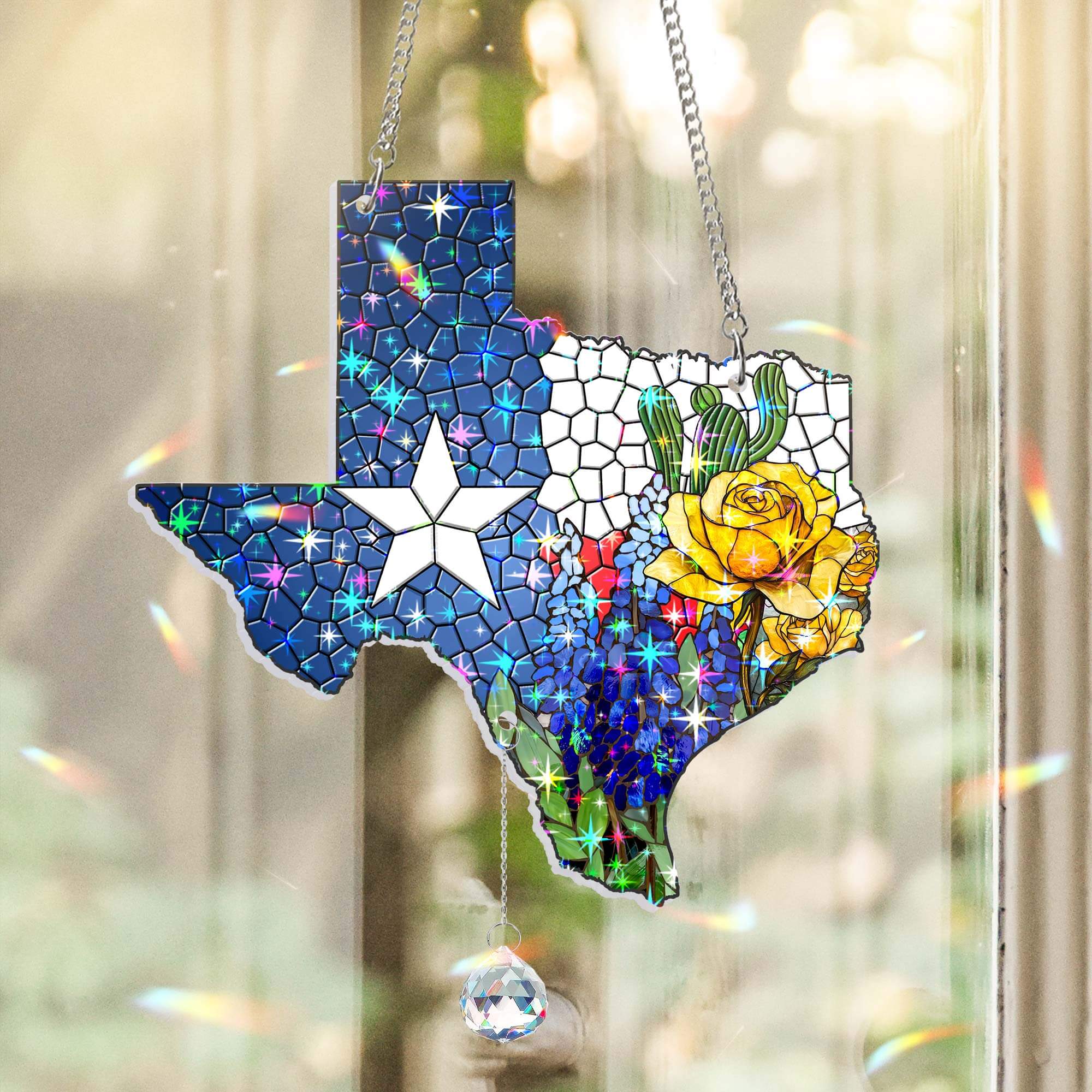 Texas Bluebonnet and Yellow Rose of Texas Hologram Window Hanging