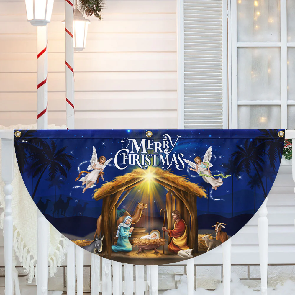 Nativity Of Jesus Merry Christmas Christian Holy Family Non-Pleated Fan Flag