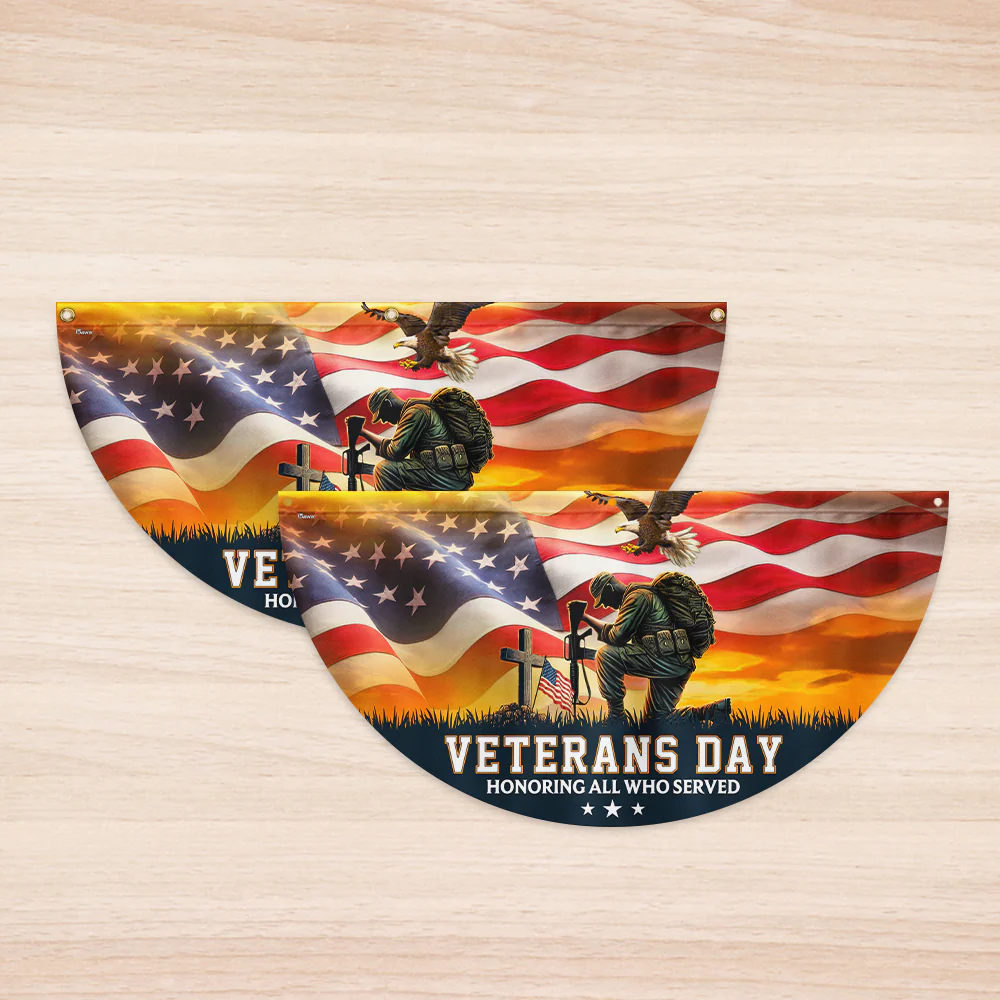 Veterans Day Honoring All Who Served Kneeling Soldier Non-Pleated Fan Flag