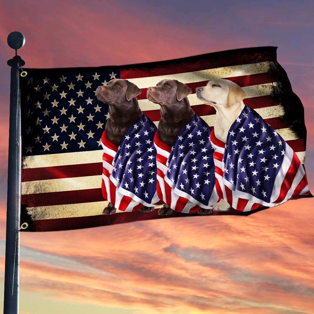 Chocolate Labrador and  Yellow Labrador Patriotic American Flag