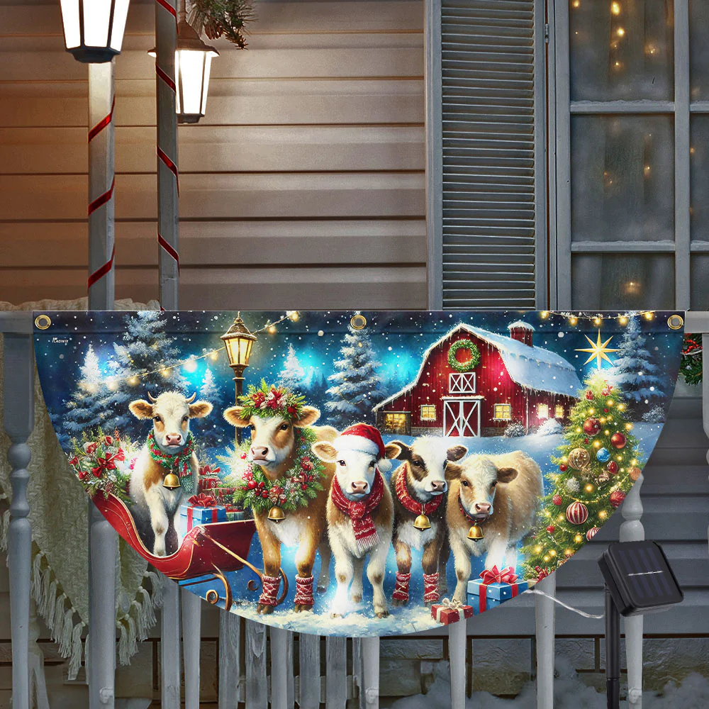 Cow Cattle Farm Christmas Solar Led Fan Flag