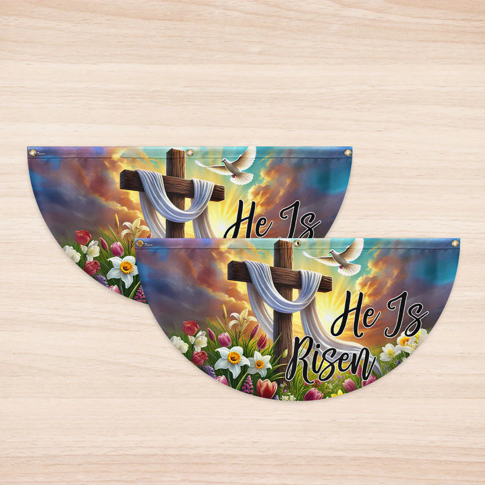 Christian Cross Easter Day He Is Risen Non-Pleated Fan Flag