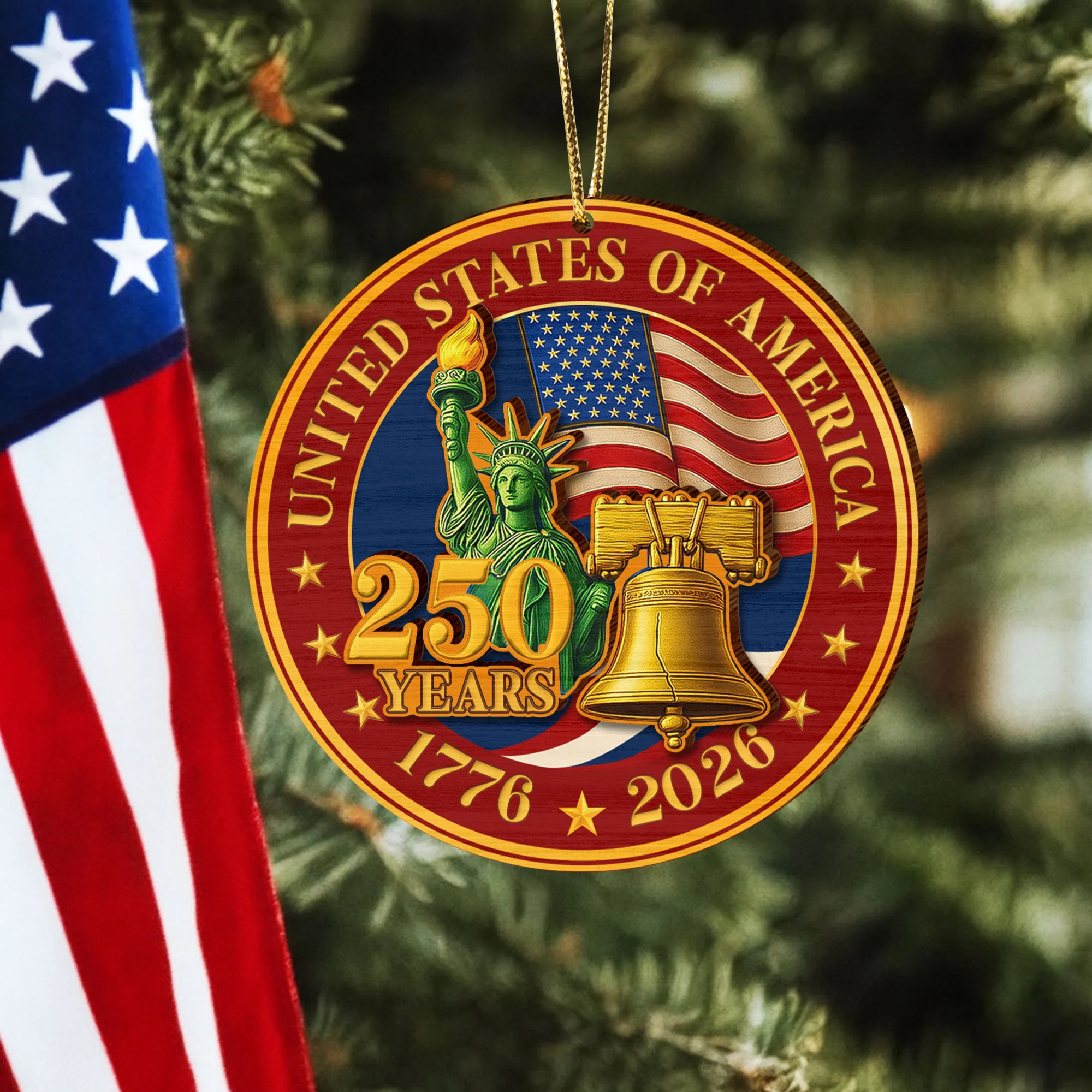 America 250 Years Wooden Ornament, 1776-2026 Liberty Bell Patriotic Decor